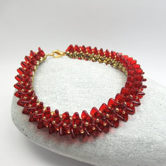Red and gold handwoven bracelet - Picture 3 of 11